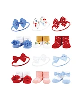 Hudson Baby Infant Girl 12Pc Headband and Socks Giftset, Wildflower Red Blue, One Size