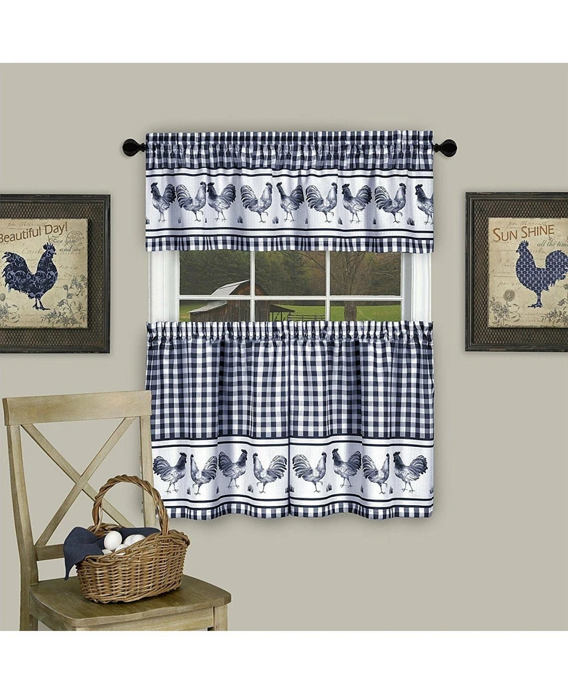 Kate Aurora Country Farmhouse Barnyard Plaid Rooster Kitchen Curtain Tier & Valance Set