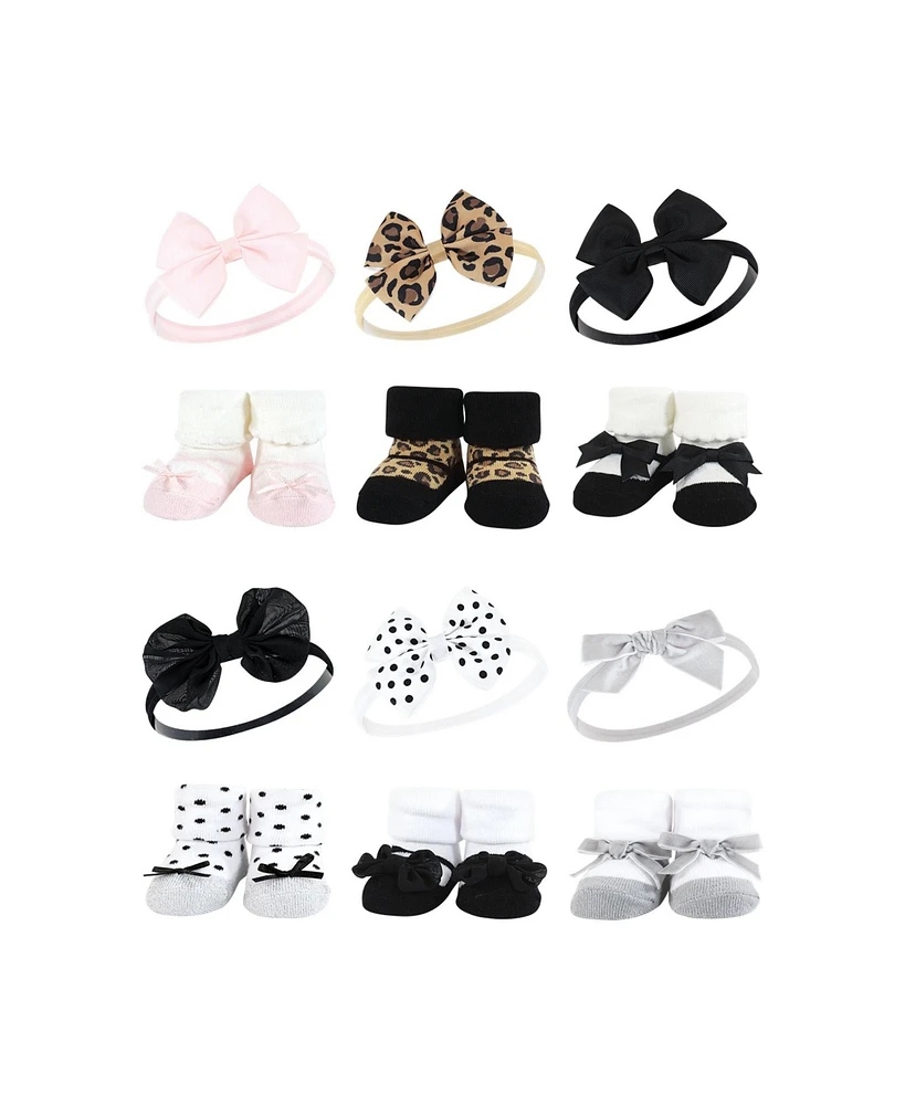 Hudson Baby Infant Girl 12Pc Headband and Socks Giftset, Leopard Black Silver, One Size