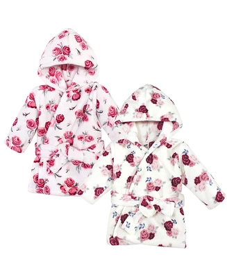 Hudson Baby Baby Girls 2Pc Plush Animal Face Bathrobe, Rose Floral, 0-9 Months