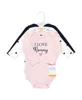 Hudson Baby Girls Cotton Long-Sleeve Bodysuits Mommy Pink Navy 3-Pack