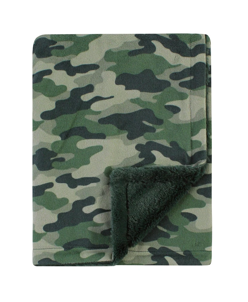 Hudson Baby Plush Blanket with Furry Binding and Back, Camo, One Size