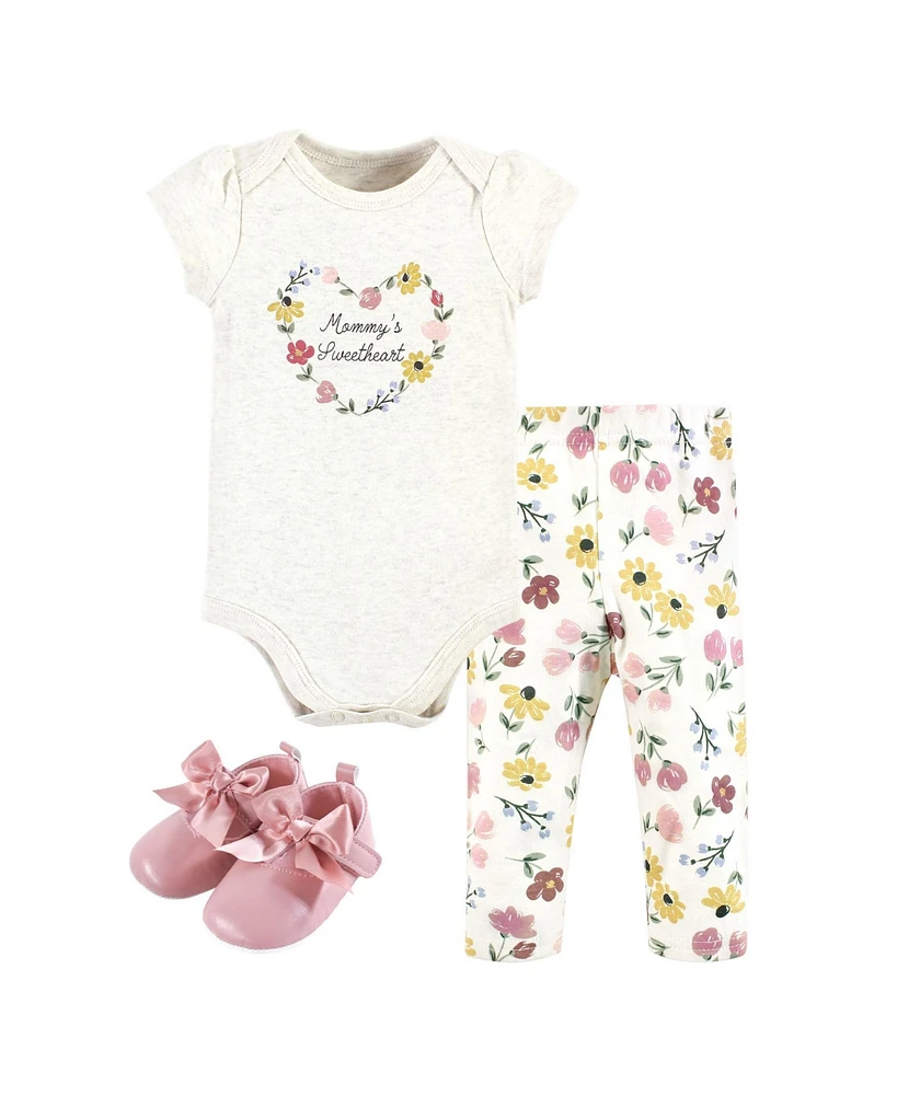 Hudson Baby Girls Cotton Bodysuit, Pant and Shoe Set, Soft Painted Floral, Newborn