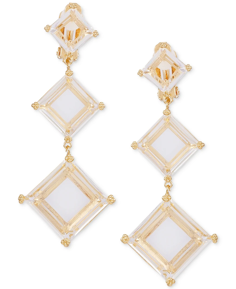 T Tahari Gold-Tone Square Crystal Clip-On Triple Drop Earrings