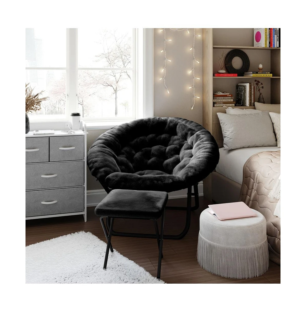 Emma+Oliver Ersa Oversize Folding Saucer Moon Chair And Ottoman For Dorm Bedroom With Steel Frames