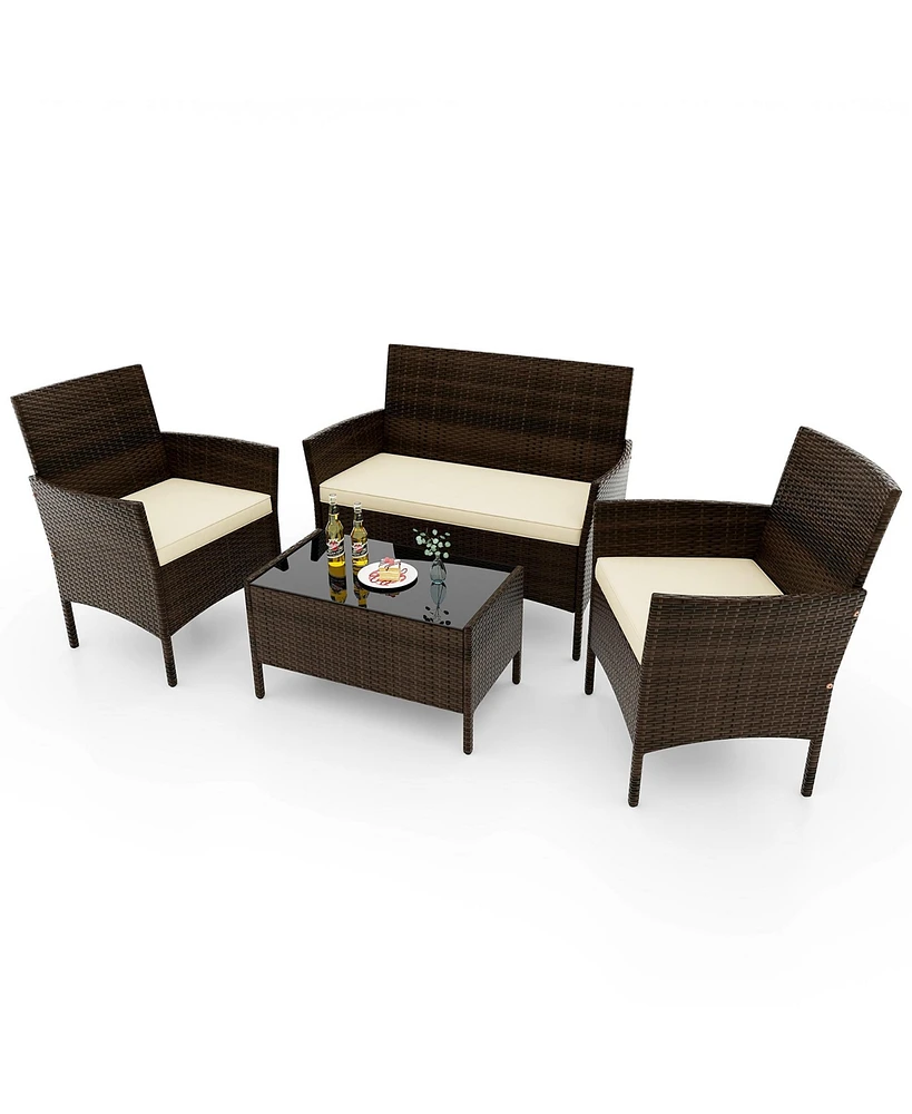 Gymax 4 Pcs Patio Rattan Conversation Set Outdoor Wicker Furniture Set w/ Tempered Glass Table