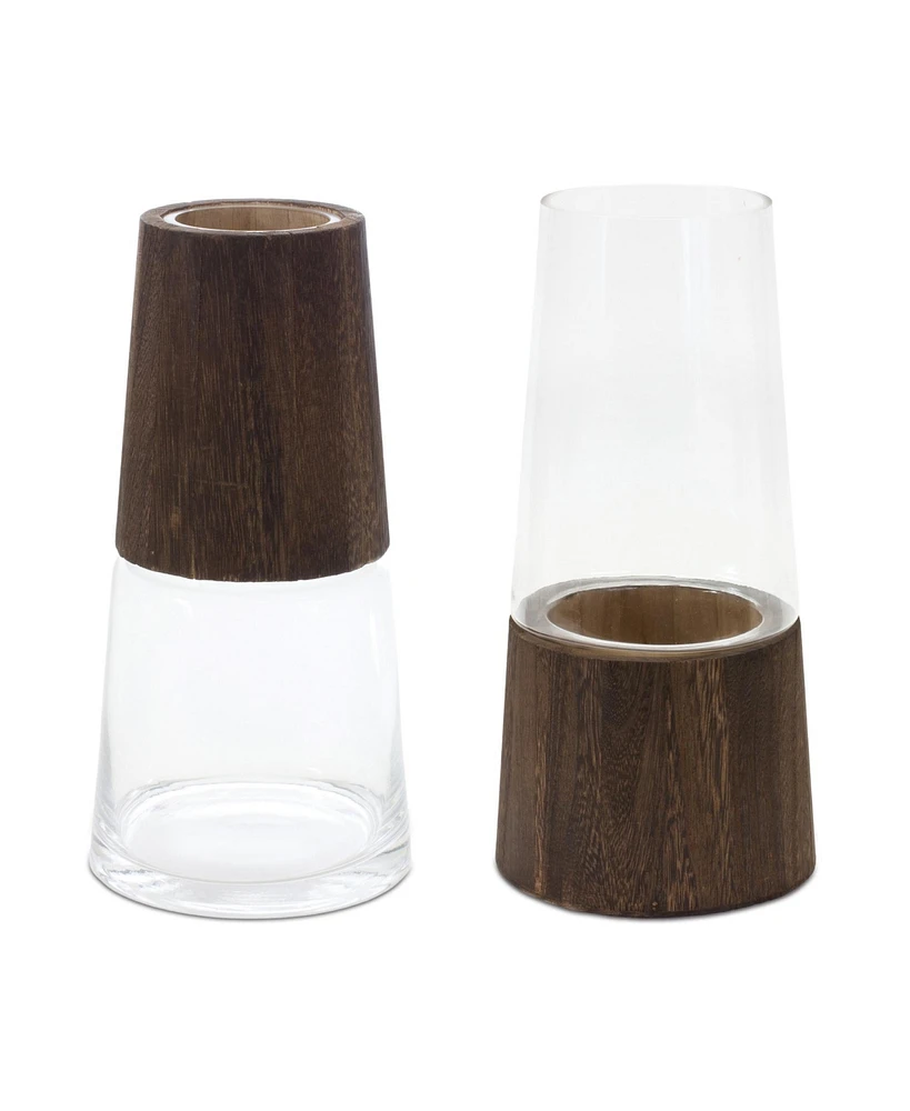 Slickblue Tapered Glass Vase With Wood Accent (Set of 2)