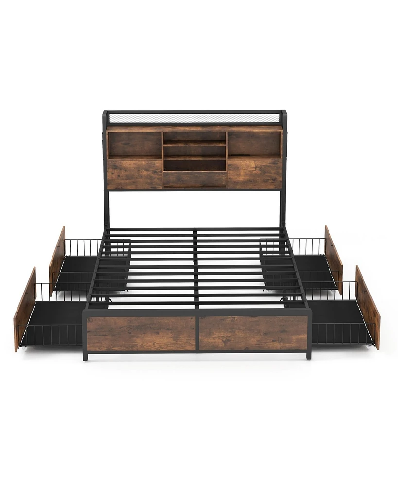 Slickblue Bed Frame with Bookcase Headboard and 4 Storage Drawers