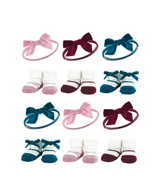 Hudson Baby Infant Girl 12Pc Headband and Socks Giftset, Burgundy Teal