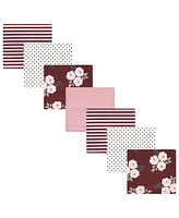 Hudson Baby Infant Girl Cotton Flannel Receiving Blankets Bundle Set, Tea Party Burgundy Floral, One Size