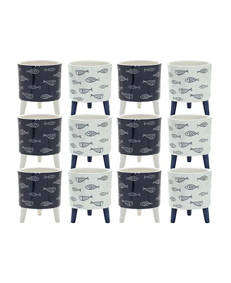 Slickblue Set of 12 Coastal Fish Pattern Planters With Legs for Nautical-Themed Indoor and Outdoor Decor