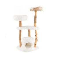 Slickblue Solid Wood Cat Tower with Top Cattail Basket Cat Bed for Indoor Cats- White