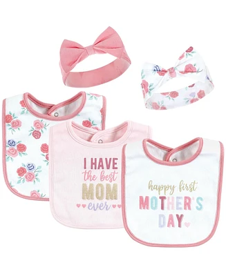 Hudson Baby Girls Cotton Bib and Headband or Caps Set, Mothers Day, 0-9 Months