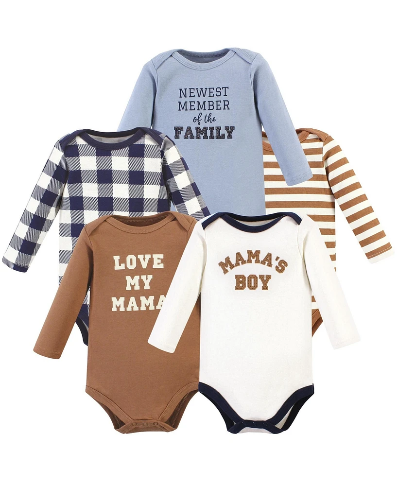 Hudson Baby Baby Boys Hudson Cotton Long-Sleeve Bodysuits, Brown Navy Mamas 5-Pack