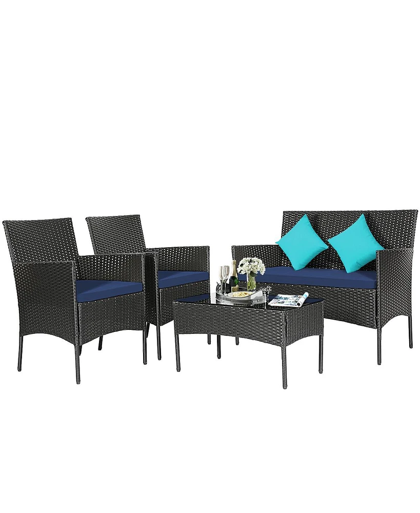 Sugift 4 Pieces Patio Rattan Cushioned Sofa Set with Tempered Glass Coffee Table-Navy