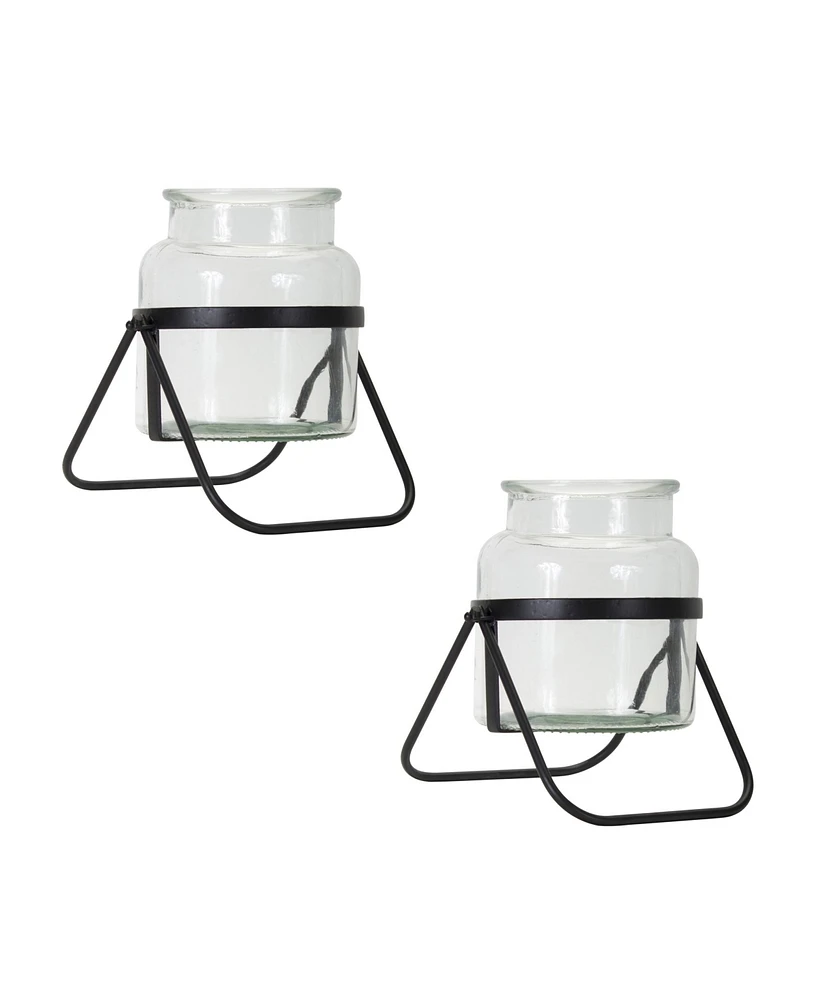 Slickblue Modern Jar Vase In Meatl Stand - 9 Inches (Set of 2)