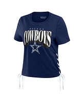 Wear by Erin Andrews Women's Navy Dallas Cowboys Lace Up Side Modest Cropped T-Shirt