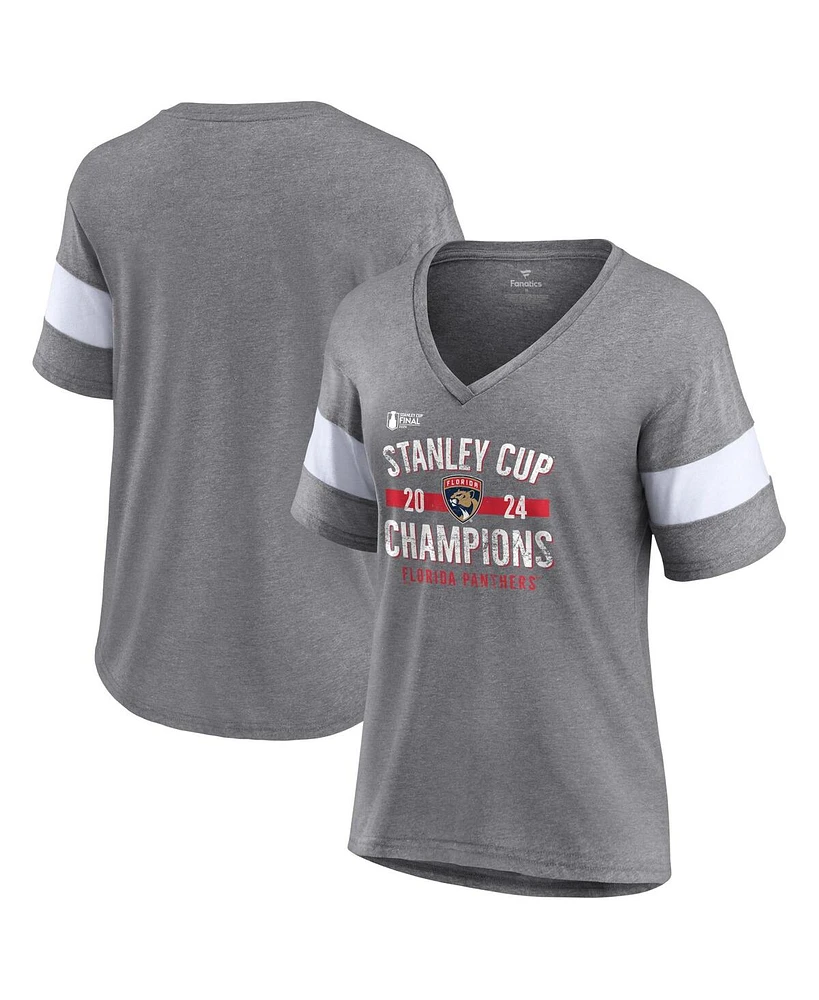 Fanatics Women's Heather Gray Florida Panthers 2024 Stanley Cup Champions Throwback Tri-Blend V-Neck Fashion Top