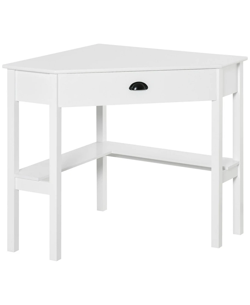 Homcom Wooden Corner Computer Desk w/ 2 Storage Shelves & Drawer for Small Rooms, White