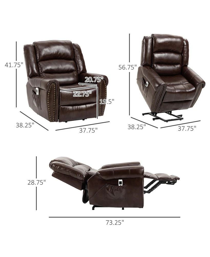 Homcom Dual Motor Electric Power Lift Recliner Chair for Elderly with Massage, Pu Leather Reclining Chair with Side Pocket, Brown