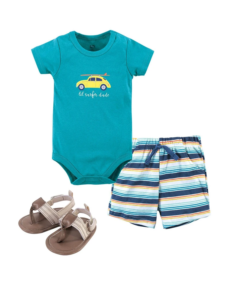 Hudson Baby Boys Cotton Bodysuit, Shorts and Shoe 3pc Set, Gone Surfing, 0-3 Months