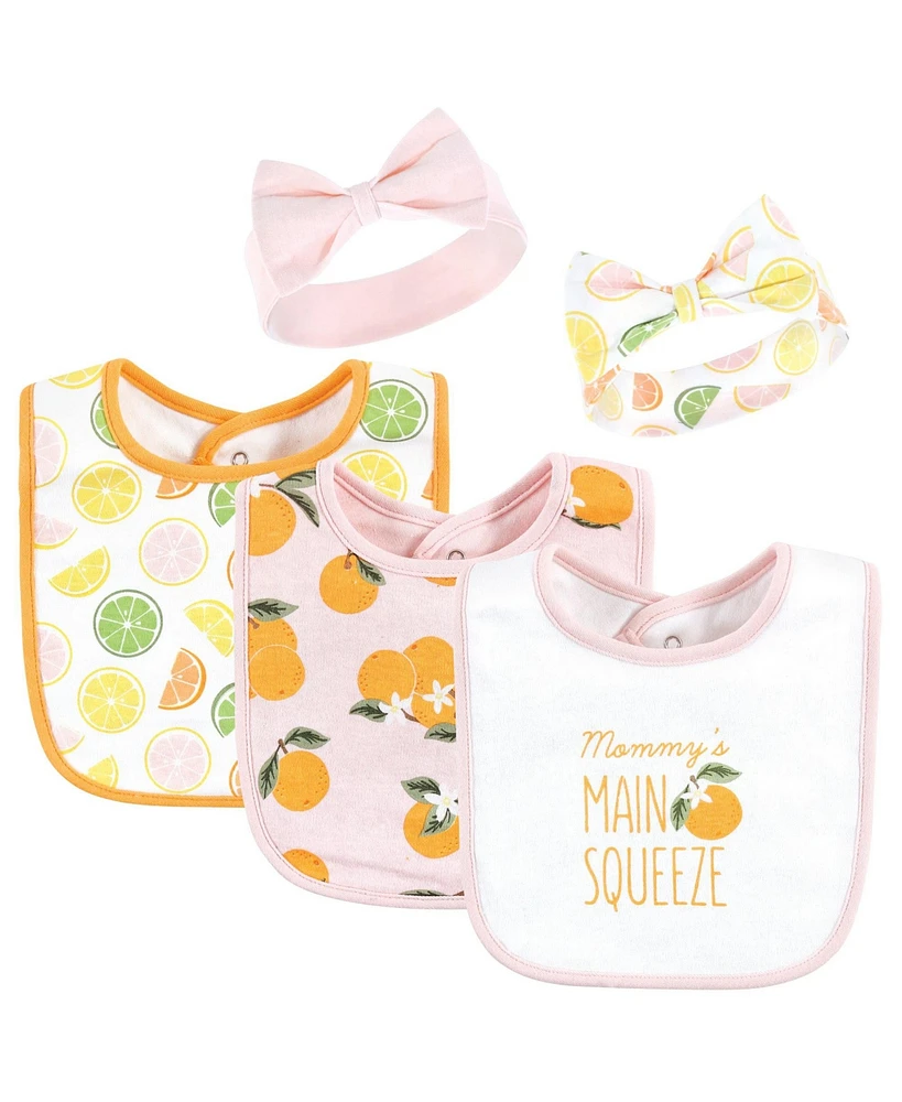 Hudson Baby Infant Girl Cotton Bib and Headband or Caps Set, Citrus Orange, One Size