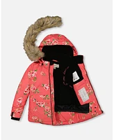 Deux par Big Girls Two Piece Snowsuit Black Printed Coral Flowers