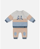 Deux par Baby Boys Jacquard Top And Knit Pant Set Stripe Hazel Blue