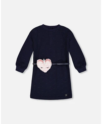 Deux par Little Girls Quilted Heart Fleece Dress With Belt Navy - Toddler|Child