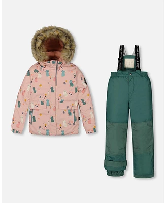 Deux par Deux Big Girls Two Piece Snowsuit Sage Green Printed Cats - Toddler|Child