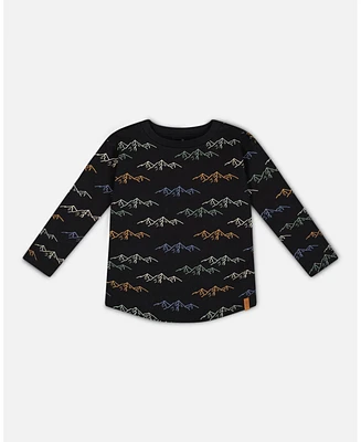 Deux par Toddler Boys Long Sleeve Printed T-Shirt Black Mountains - Toddler|Child