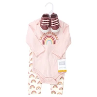 Hudson Baby Girls Cotton Long-Sleeve Bodysuit, Pant and Shoe Set, Sunshine Rainbows, 9-12 Months