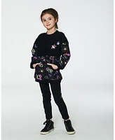 Deux par Toddler Girls Bi-Material French Terry And Sherpa Tunic With Pocket Black Printed Rainbow Hearts - Toddler|Child