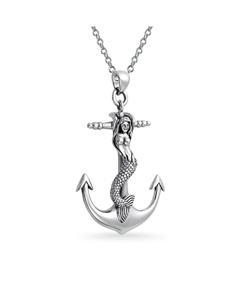 Bling Jewelry Nautical Large Anchor Dangling Sea Siren Mermaid Necklace Pendant For Women Oxidized Sterling Silver