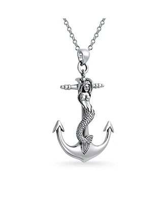 Bling Jewelry Nautical Large Anchor Dangling Sea Siren Mermaid Necklace Pendant For Women Oxidized .925 Sterling Silver