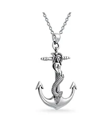 Bling Jewelry Nautical Large Anchor Dangling Sea Siren Mermaid Necklace Pendant For Women Oxidized Sterling Silver