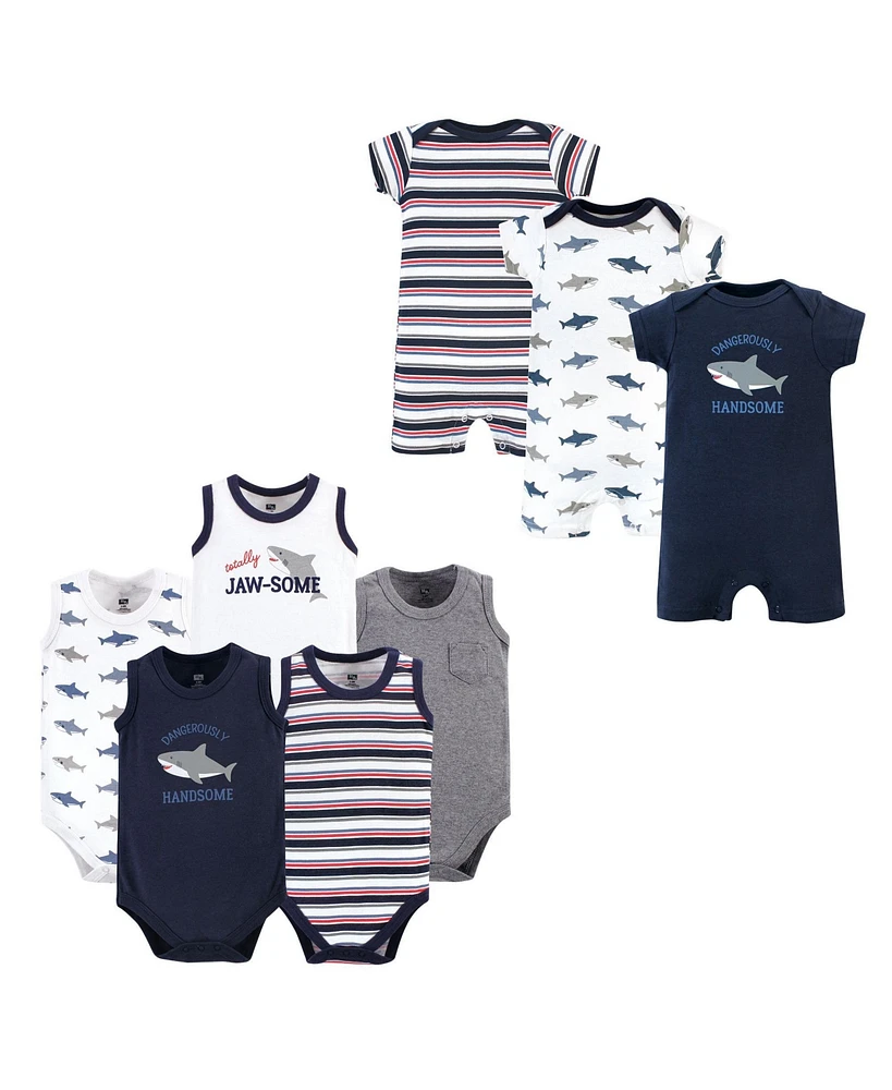 Hudson Baby Boys Cotton Bodysuits and Rompers, 8-Piece, Cool Dinosaurs, 18-24 Months