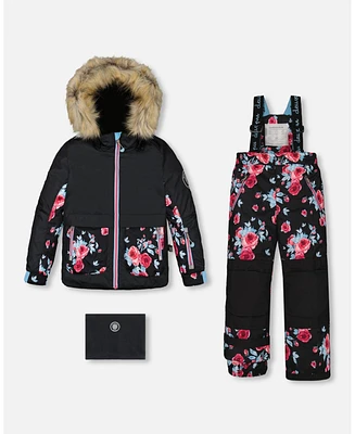 Deux par Big Girls Two Piece Snowsuit Black Printed Roses