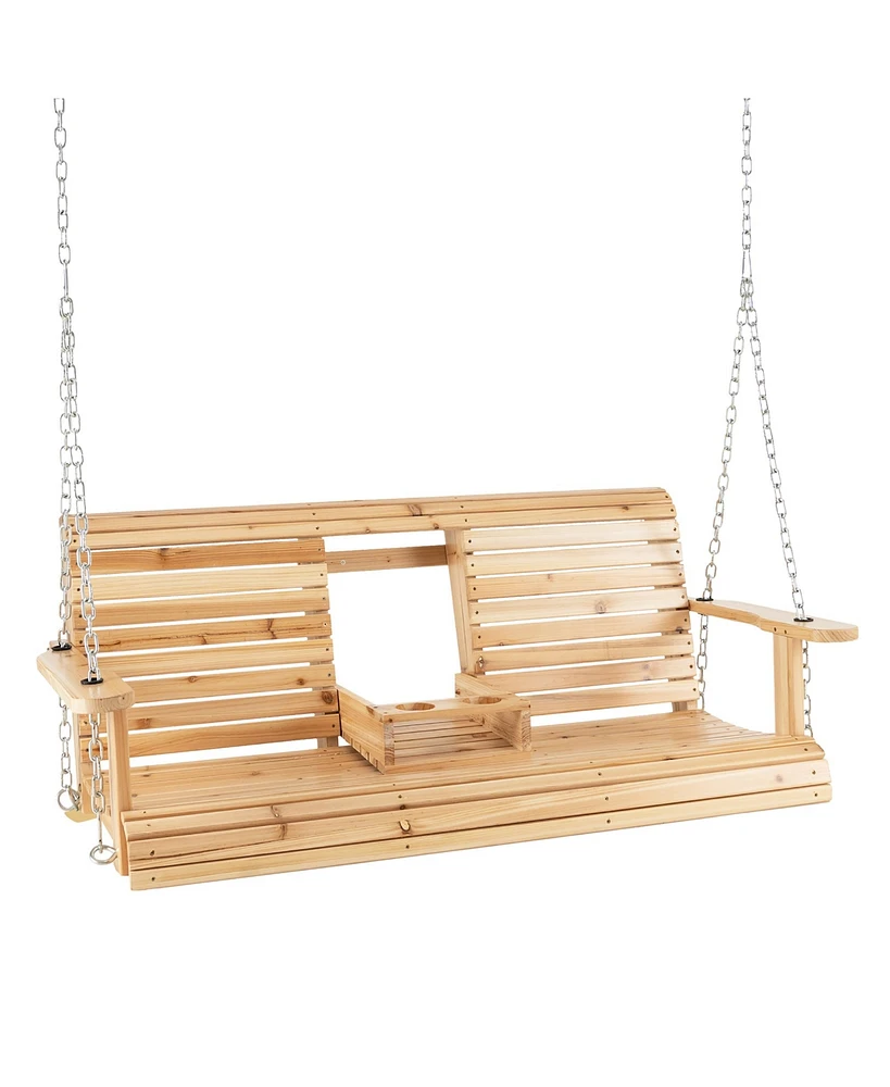 Costway 2-seat Wood Swing Bench with Folding Cup Holder and Sturdy Metal Hanging Chains