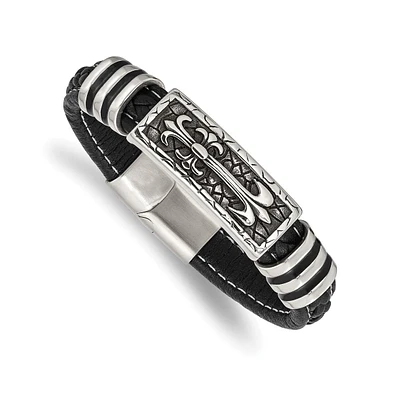 Chisel Stainless Steel with Enamel Cross Black Leather Bracelet