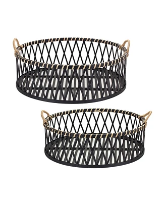 Slickblue Round Woven Wicker Trays With Rattan Handle Accent (Set of 2)