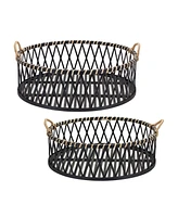 Slickblue Round Woven Wicker Trays With Rattan Handle Accent (Set of 2)