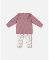 Deux par Baby Girls Organic Cotton Pointelle Top And Printed Leggings Set Woodrose With Fox