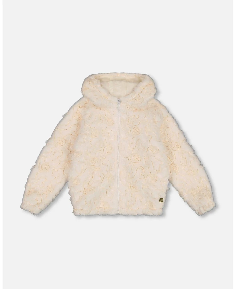 Deux par Girls Embroidered Faux Fur Cardigan Off White