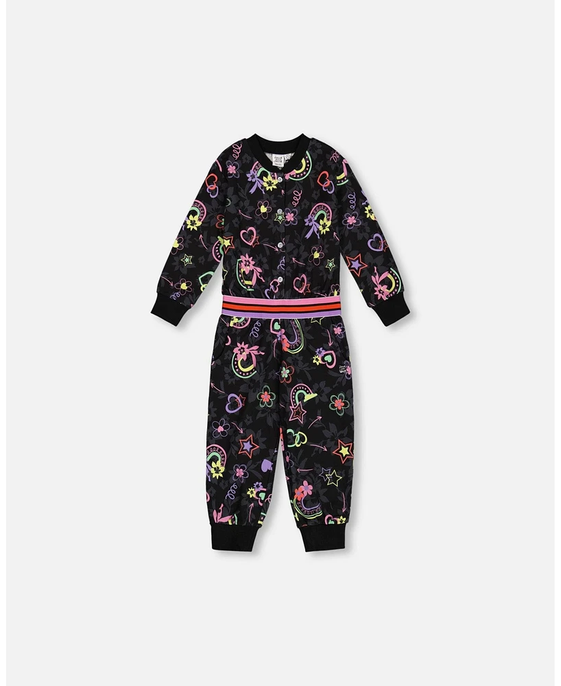 Deux par Deux Toddler Girls Printed Rainbow Hearts Jumpsuit Black - Toddler|Child