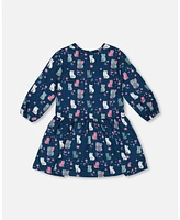 Deux par Big Girls Printed Long Sleeve Dress Navy Blue With Kitten