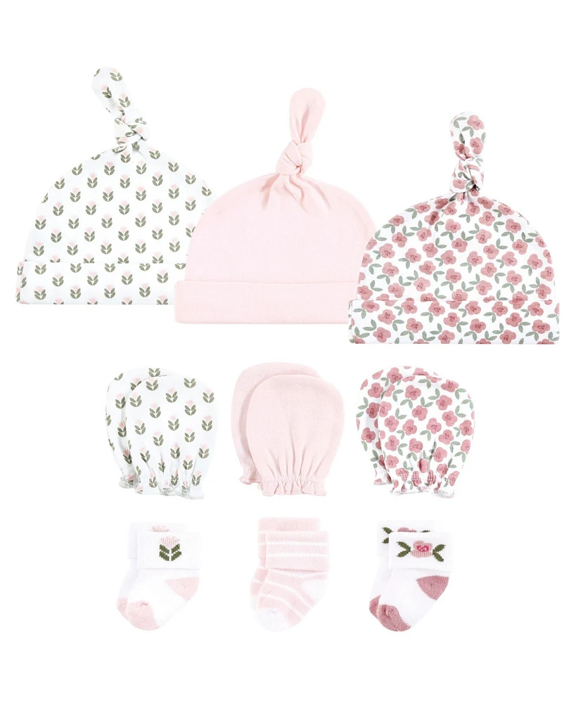 Hudson Baby Baby Girls Caps, Mittens and Socks Set, Wild Rose Modern Floral, 0-6 Months