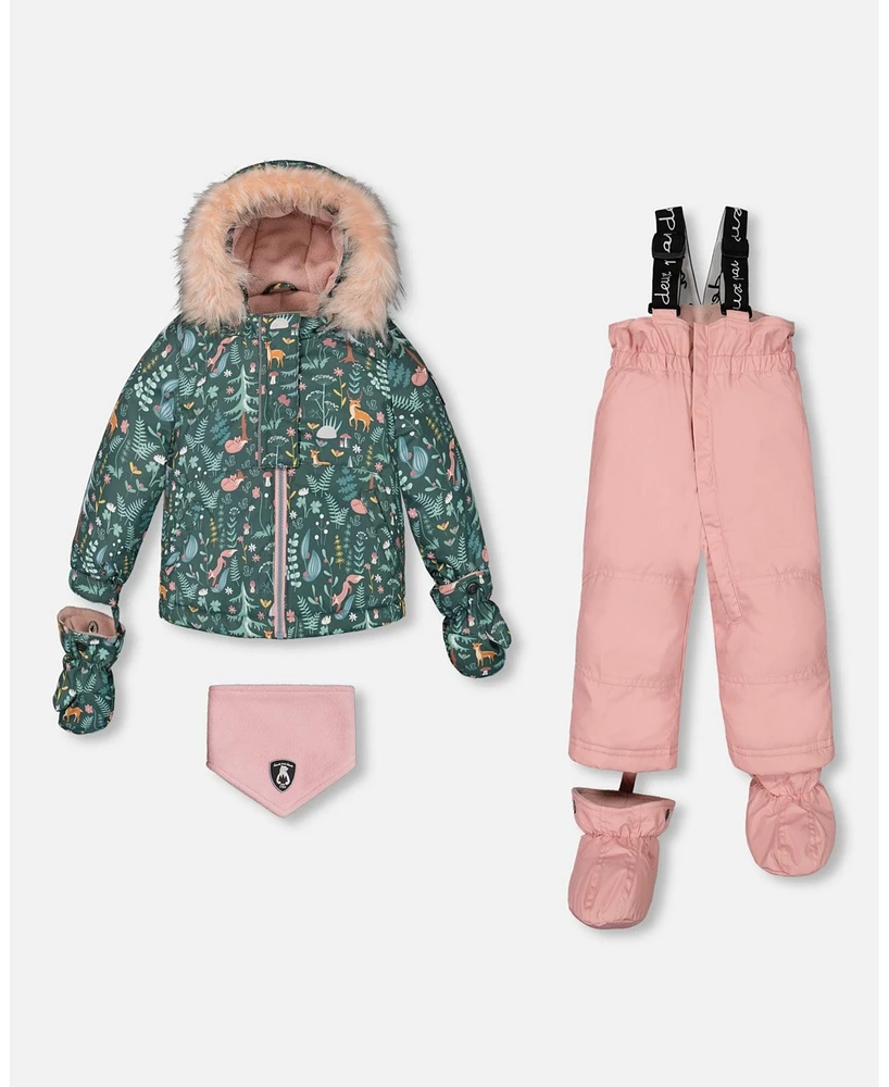 Deux par Baby Girls Two Piece Snowsuit Silver Pink Printed Woodland Animals - Infant|Toddler