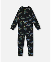 Deux par Baby Boys One Piece Thermal Underwear Black Printed Neon Dino