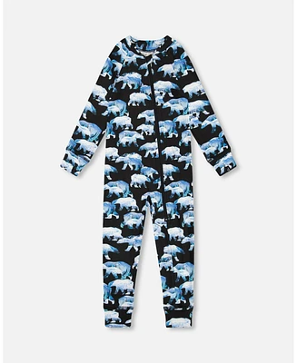 Deux par Deux Big Boys One Piece Thermal Underwear Black Printed Polar Bears